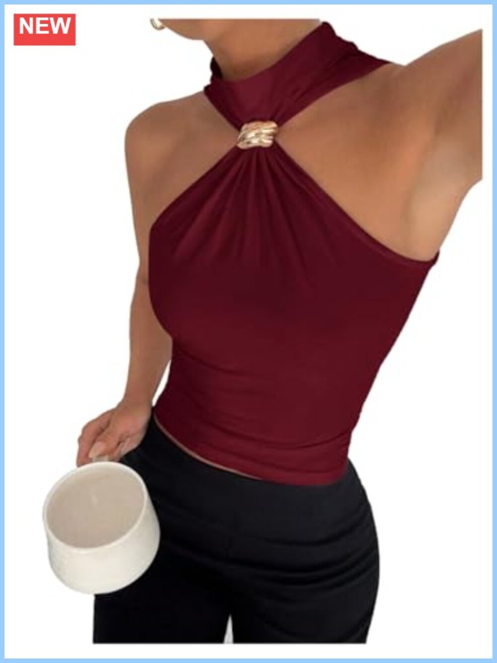 Milumia Metal Halter Mock Neck Tank Top Sleeveless Ruched Slim Fitted Going Out
